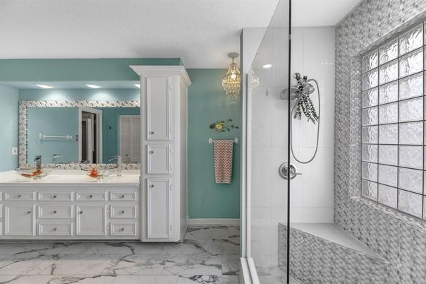 Bathroom, Dual Sink Vanities, Glass Shower, Interior, Marble, Pendant Lights, Recessed Lighting
