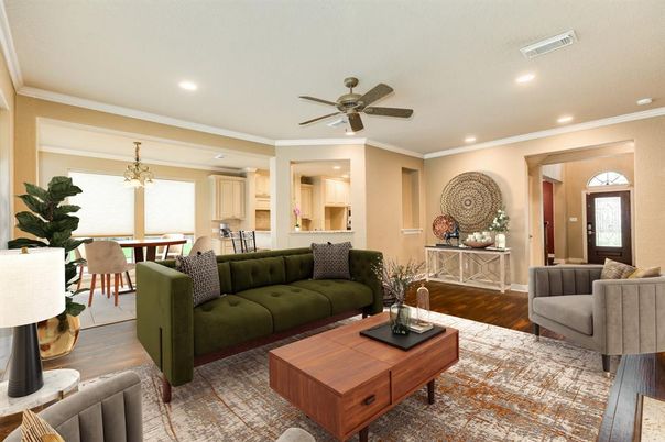Dining room, Interior, Living room, Recessed Lighting, Wood Texture Flooring