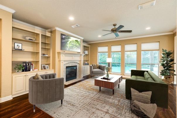 Fireplace, Interior, Living room, Recessed Lighting, Wood Texture Flooring