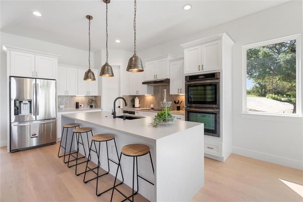 Interior, Kitchen, Pendant Lights, Recessed Lighting, Stainless Steel Appliances, Wood Texture Flooring