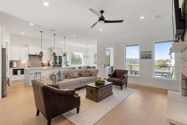 Interior, Kitchen, Living room, Pendant Lights, Recessed Lighting, Stainless Steel Appliances, Wood Texture Flooring