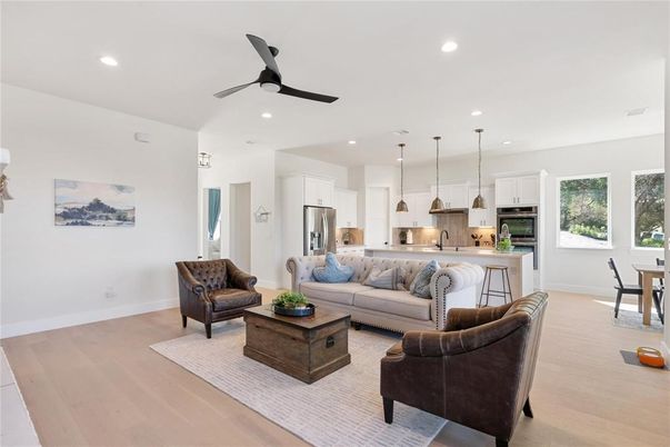 Dining room, Interior, Kitchen, Living room, Pendant Lights, Recessed Lighting, Stainless Steel Appliances, Wood Texture Flooring