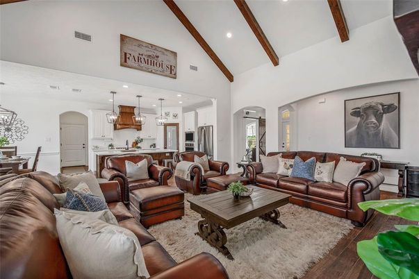 Dining room, Interior, Kitchen, Living room, Pendant Lights, Recessed Lighting, Stainless Steel Appliances, Wooden Beams, Wood Texture Flooring