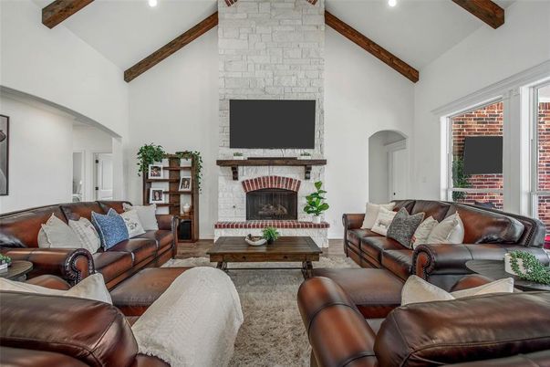 Fireplace, Interior, Living room, Recessed Lighting, Stone Walls, Wooden Beams