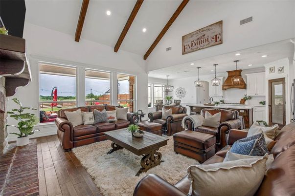 Interior, Kitchen, Living room, Pendant Lights, Recessed Lighting, Wooden Beams, Wood Texture Flooring