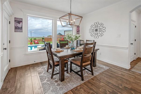 Dining room, Interior, Pendant Lights, Wood Texture Flooring