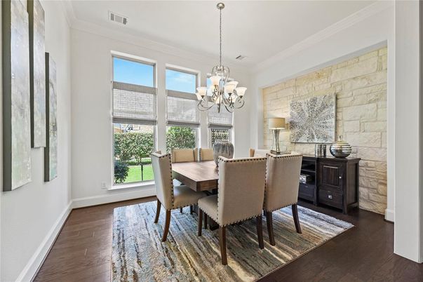 Chandelier, Dining room, Interior, Stone Walls, Wood Texture Flooring