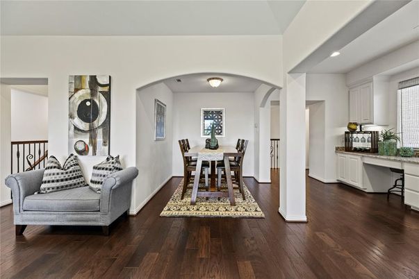 Dining room, Interior, Recessed Lighting, Wood Texture Flooring