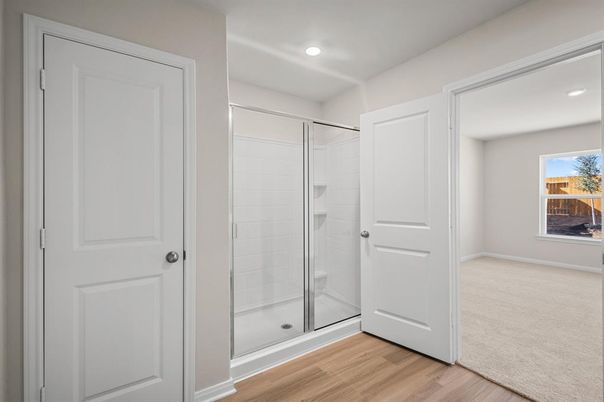 Bathroom, Glass Shower, Interior, Recessed Lighting, Wood Texture Flooring