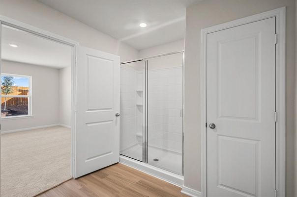 Bathroom, Glass Shower, Interior, Recessed Lighting, Wood Texture Flooring