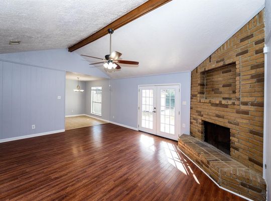 Empty room, Fireplace, Interior, Stone Walls, Wooden Beams, Wood Texture Flooring