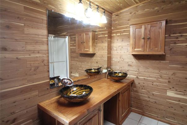 Bathroom, Dual Sink Vanities, Interior, Wooden Ceilings, Wooden Walls