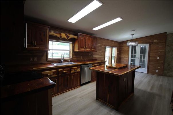 Chandelier, Interior, Kitchen, Recessed Lighting, Wood Texture Flooring, Wooden Walls