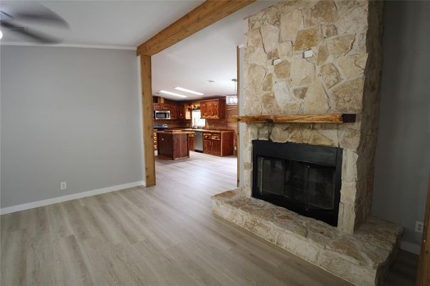 Fireplace, Interior, Kitchen, Stone Walls, Wooden Beams, Wood Texture Flooring