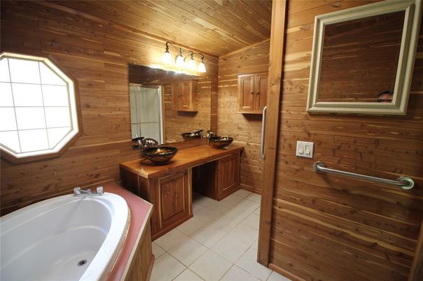 Bathroom, Dual Sink Vanities, Interior, Wooden Ceilings, Wooden Walls