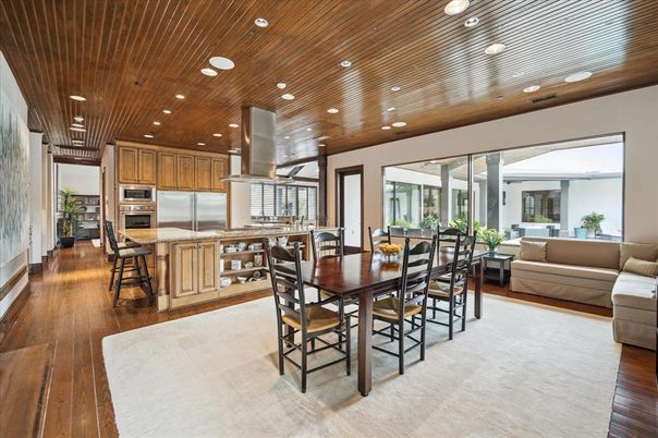Dining room, Interior, Kitchen, Living room, Recessed Lighting, Stainless Steel Appliances, Wooden Ceilings, Wood Texture Flooring