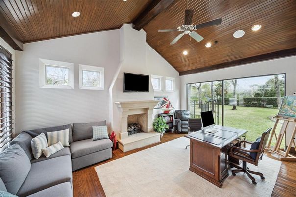 Fireplace, Home Office, Interior, Living room, Recessed Lighting, Wooden Beams, Wooden Ceilings, Wood Texture Flooring