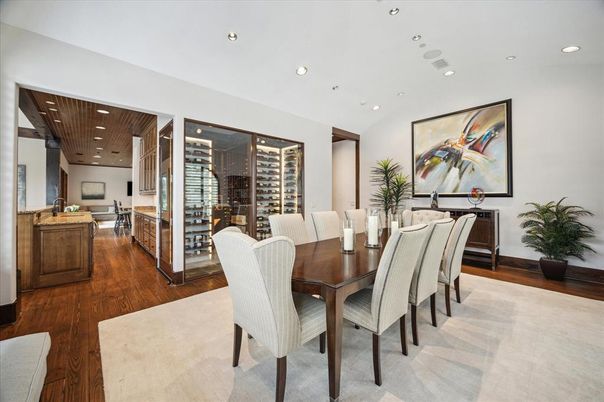 Dining room, Interior, Kitchen, Recessed Lighting, Wine Storage, Wooden Ceilings, Wood Texture Flooring