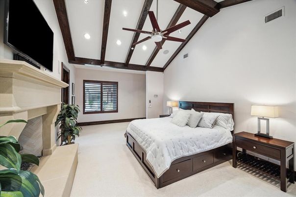 Bedroom, Fireplace, Interior, Recessed Lighting, Wooden Beams