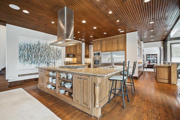 Interior, Kitchen, Recessed Lighting, Stainless Steel Appliances, Wooden Ceilings, Wood Texture Flooring