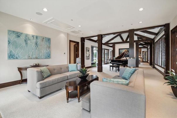 Interior, Living room, Piano, Recessed Lighting, Wooden Beams