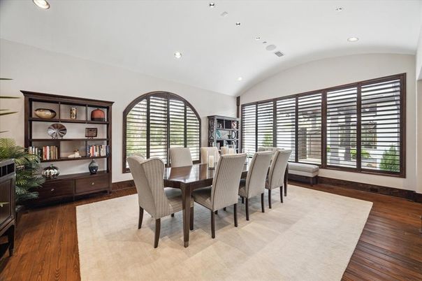 Dining room, Interior, Recessed Lighting, Wood Texture Flooring