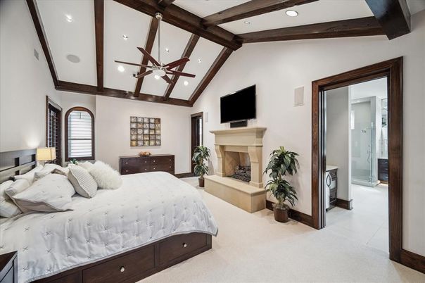 Bedroom, Fireplace, Interior, Recessed Lighting, Wooden Beams