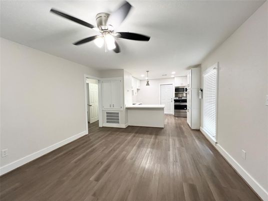 Interior, Kitchen, Pendant Lights, Stainless Steel Appliances, Wood Texture Flooring