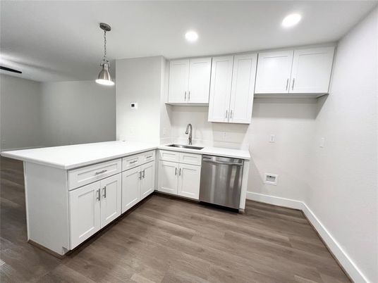 Interior, Kitchen, Pendant Lights, Recessed Lighting, Stainless Steel Appliances, Wood Texture Flooring