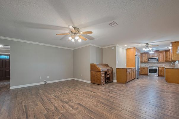 Interior, Kitchen, Recessed Lighting, Stainless Steel Appliances, Wood Texture Flooring