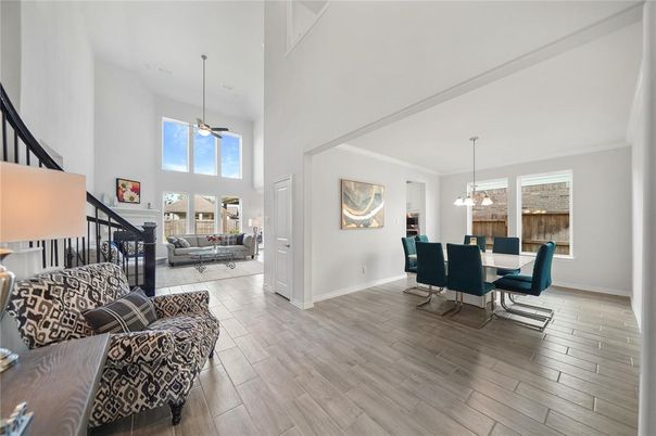 Dining room, Interior, Living room, Pendant Lights, Wood Texture Flooring