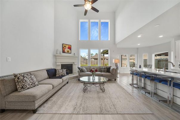 Fireplace, Interior, Kitchen, Living room, Recessed Lighting, Wood Texture Flooring