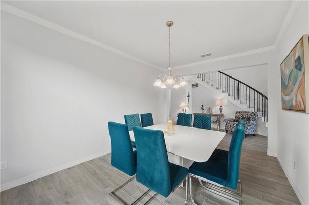 Dining room, Interior, Pendant Lights, Wood Texture Flooring