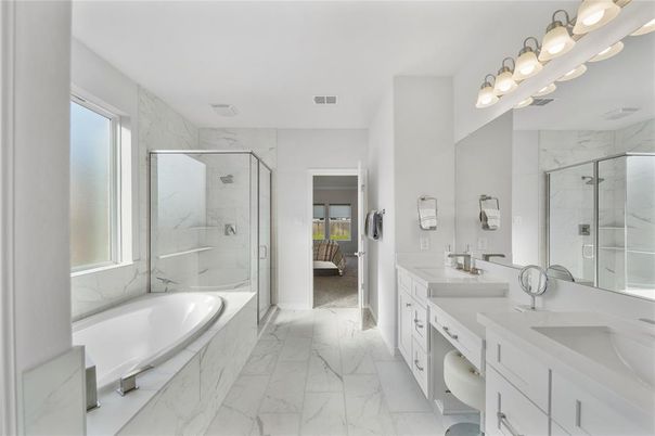 Bathroom, Dual Sink Vanities, Glass Shower, Interior, Marble, Marble Walls