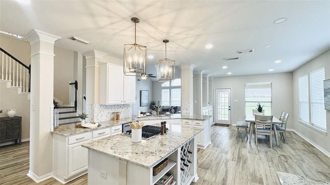 Dining room, Interior, Kitchen, Pendant Lights, Recessed Lighting, Wood Texture Flooring