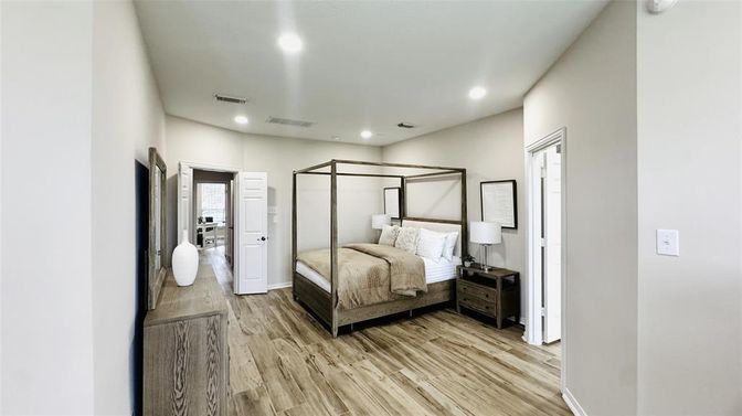Bedroom, Interior, Recessed Lighting, Wood Texture Flooring