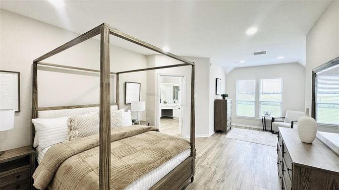 Bedroom, Interior, Recessed Lighting, Wood Texture Flooring