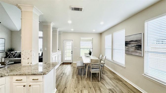 Dining room, Interior, Recessed Lighting, Wood Texture Flooring