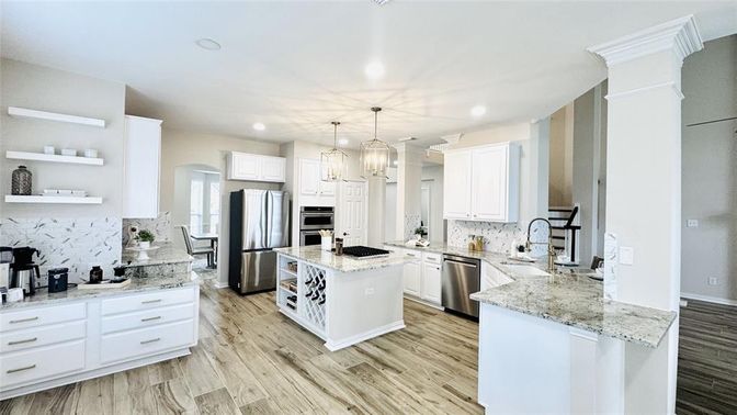 Interior, Kitchen, Pendant Lights, Recessed Lighting, Stainless Steel Appliances, Wood Texture Flooring