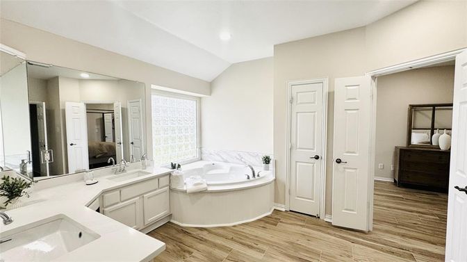 Bathroom, Bedroom, Dual Sink Vanities, Interior, Recessed Lighting, Wood Texture Flooring