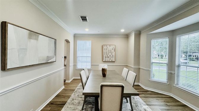 Dining room, Interior, Recessed Lighting, Wood Texture Flooring