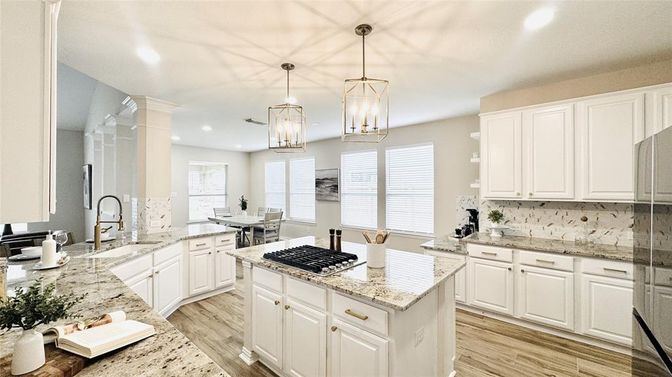 Dining room, Interior, Kitchen, Pendant Lights, Recessed Lighting, Wood Texture Flooring