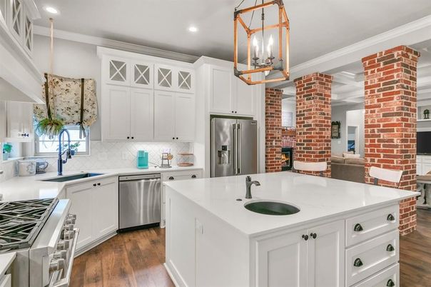 Interior, Kitchen, Pendant Lights, Recessed Lighting, Stainless Steel Appliances, Stone Walls, Wood Texture Flooring