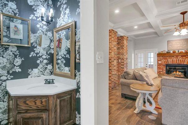 Bathroom, Fireplace, Interior, Living room, Recessed Lighting, Stone Walls, Wood Texture Flooring