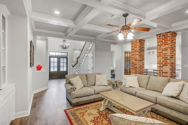 Interior, Living room, Recessed Lighting, Stone Walls, Wood Texture Flooring