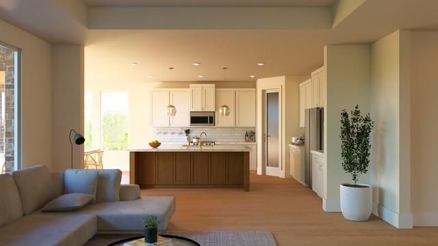 Interior, Kitchen, Living room, Pendant Lights, Recessed Lighting, Stainless Steel Appliances, Wood Texture Flooring
