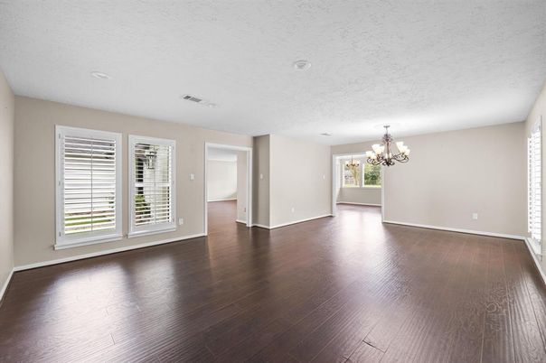 Chandelier, Empty room, Interior, Recessed Lighting, Wood Texture Flooring