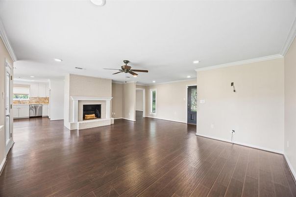 Empty room, Fireplace, Interior, Kitchen, Recessed Lighting, Wood Texture Flooring