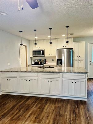 Interior, Kitchen, Pendant Lights, Recessed Lighting, Stainless Steel Appliances, Wood Texture Flooring
