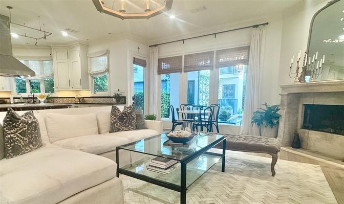 Dining room, Fireplace, Interior, Kitchen, Living room, Pendant Lights, Recessed Lighting, Wood Texture Flooring
